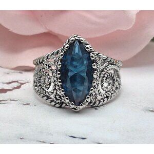 Silver Tone Filigree Style Cocktail Fashion Ring Blue Marquise Center Size 7